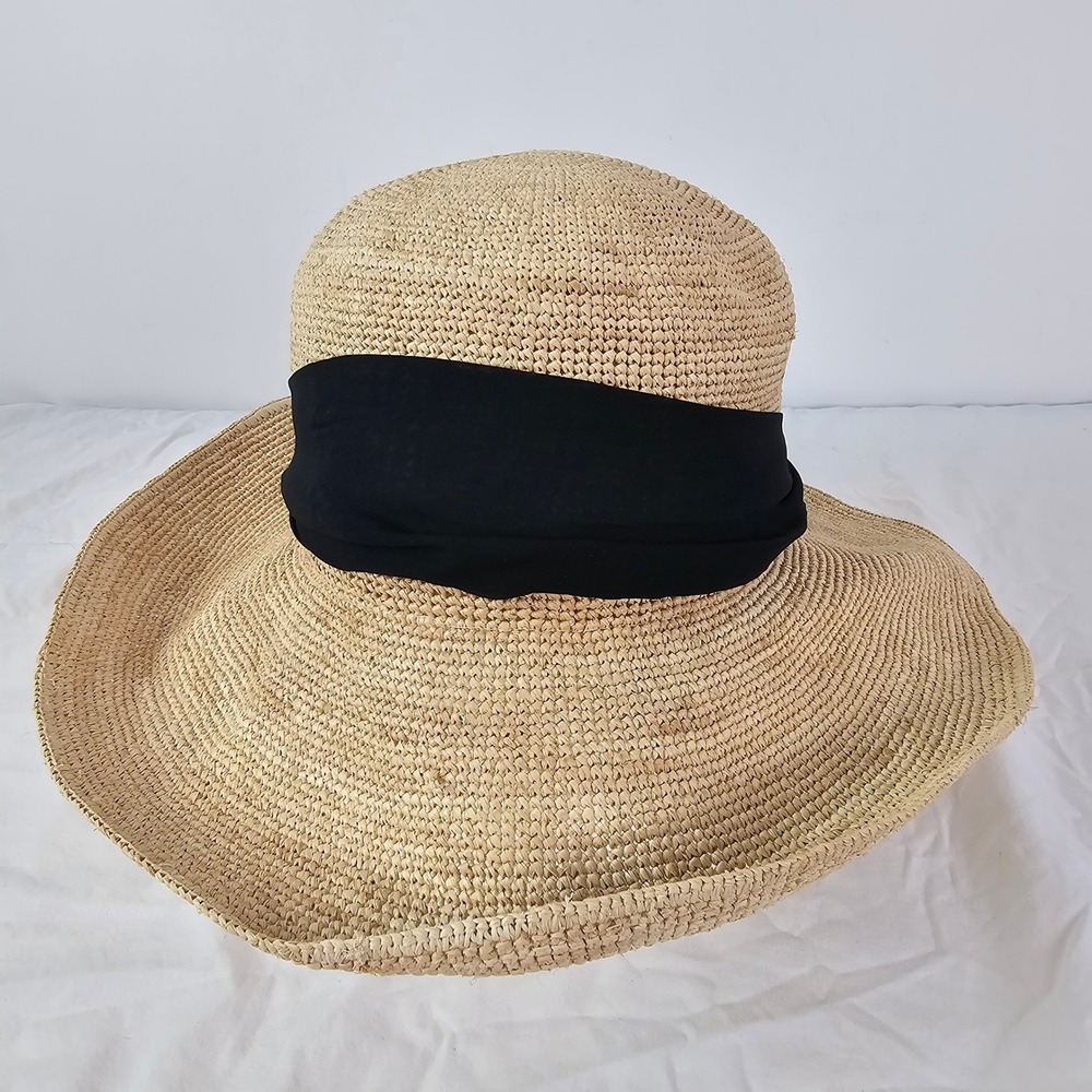 Sun N Sand Straw Sun Hat Wide Brim UPF 50+ Black Ribbon Bow Tan Floppy Beach Hat